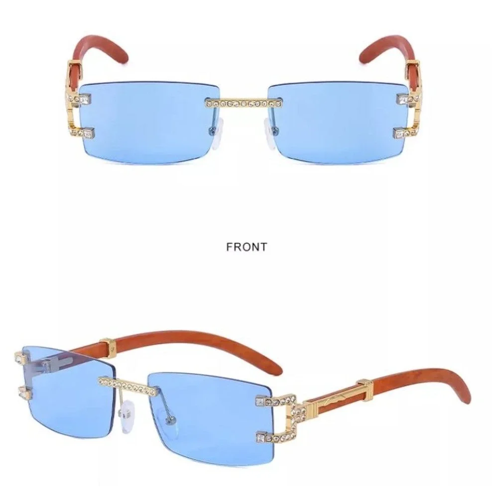 Blue Tint‎ Rimless Rectangle Sunglasses Gold Rhinestone Wood Grain Women UV400